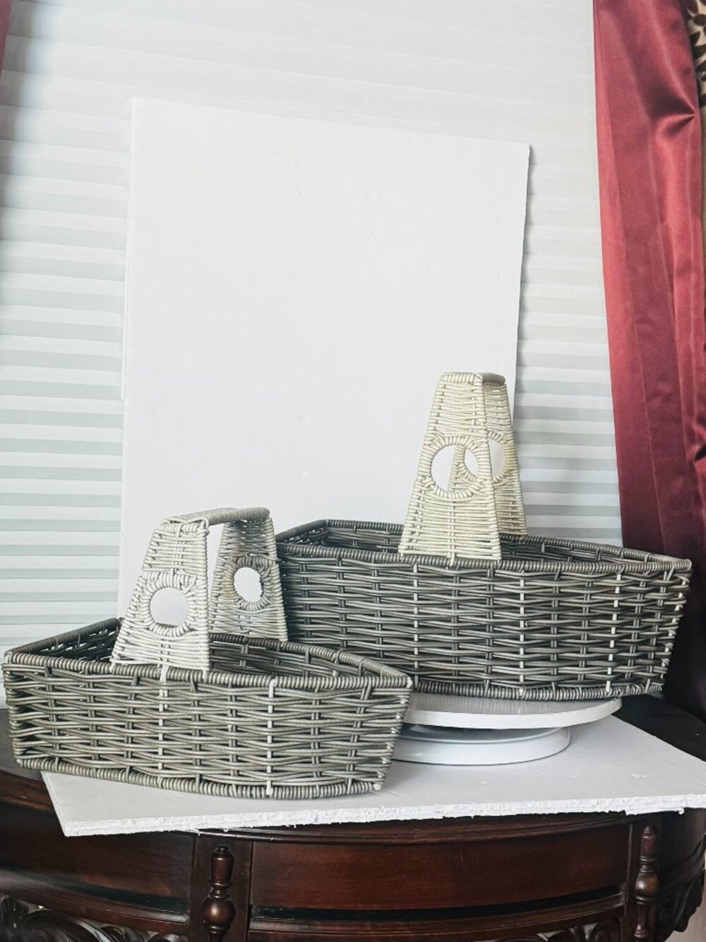 2 Pc Ciroa Woven Tug Boats Handle 15 & 13" Plastic Wicker Gray White Nautical